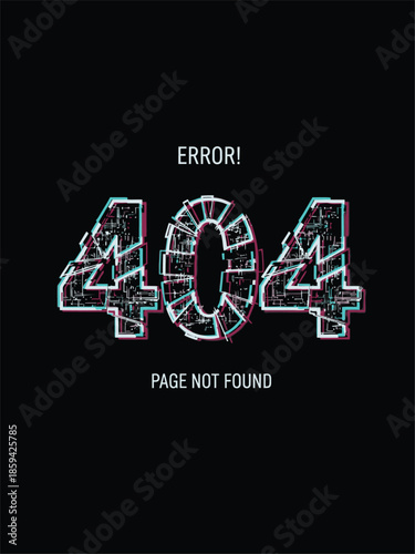 Error 404 Page Not Found Illustration on Black Background, Digital Glitch Effect.