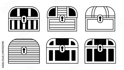 Collection of outlined treasure chests with various patterns and keyholes, isolated on white