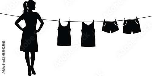 Silhouette of a woman standing next to clothesline with hanging clothes, laundry drying, domestic chores concept, black vector shape - cad drawing flat vector illustration