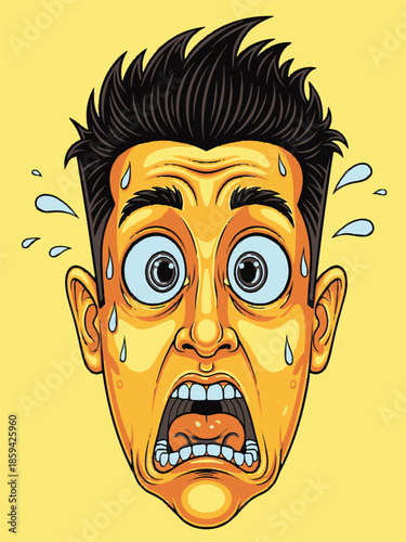 Intense fear and shock expression on a human face with open mouth.