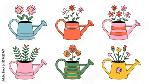 A vibrant collection of colorful watering cans adorned with beautiful spring flowers