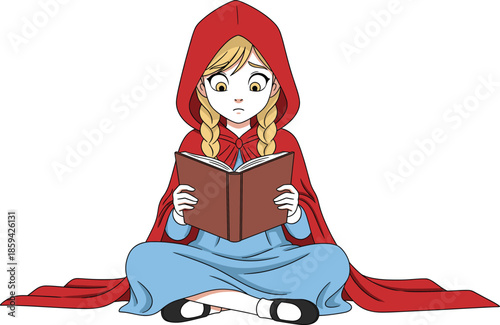 Little Red Riding Hood girl sitting and reading a story book vector illustration for children fairytale education fantasy literature and storytelling background.