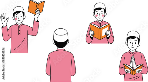 Muslim young man reading Quran character set vector illustration for Ramadan Kareem religious education Islamic teaching and spiritual worship isolated background design.