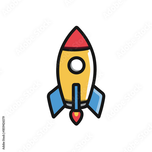Colorful cartoon rocket ship icon launching with a red nose cone and blue fins, representing a business startup, innovation, and rapid technological growth