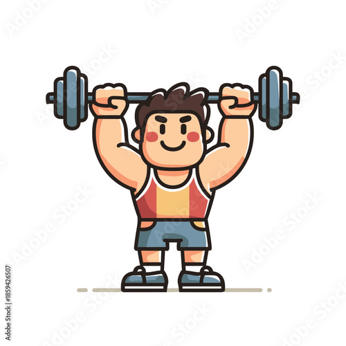 Strong happy cartoon man weightlifter lifting a heavy barbell overhead with a determined smile on his face in a flat vector illustration style
