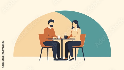 Modern Minimalist Illustration of a Man and Woman Sitting at a Cafe Table Engaged in Conversation
