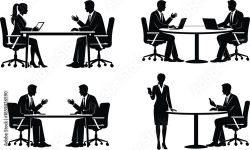 Business meeting and interview silhouette set, office people working on laptop, team discussion, corporate work, cad drawing flat vector illustration