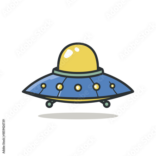 Cute blue and yellow cartoon flying saucer with a large dome and small lights, hovering in a whimsical hand-drawn doodle style illustration for a fun sci-fi concept