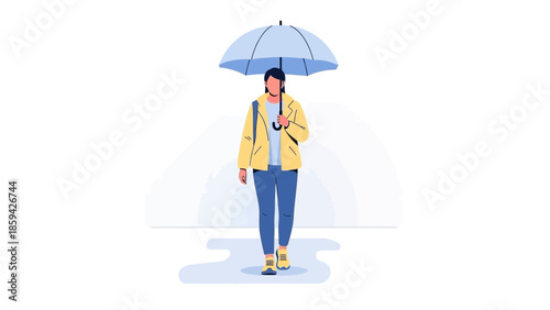Young woman walking with umbrella in rainy weather illustrating urban commuting and weather