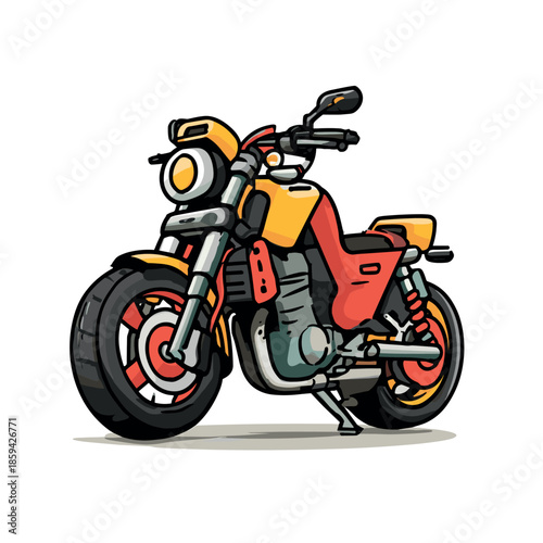 Yellow and red cartoon motorcycle illustration with bold outlines shows a modern naked bike parked on its kickstand from a three-quarter perspective with a round headlight