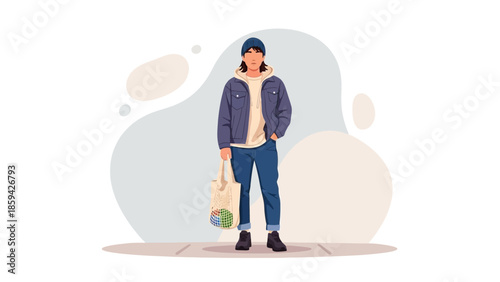 Casual streetwear fashion girl with tote bag standing outdoors with modern background