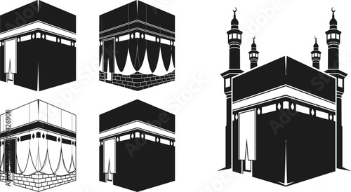 Holy Kaaba silhouette vector set with different perspectives for Islamic religious designs Hajj pilgrimage Umrah and Muslim spiritual heritage background illustration themes.