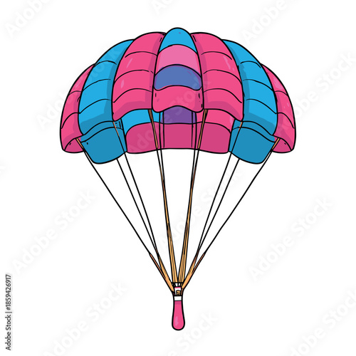 Vibrant pink and blue cartoon parachute with a classic dome canopy and suspension lines, depicted in a playful, hand-drawn comic book illustration style