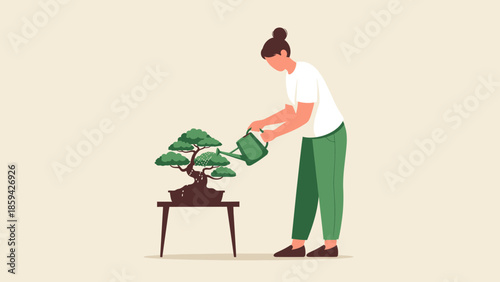 Woman Watering a Small Tree in a Minimalist Indoor Garden Scene with Green Pants and White Top