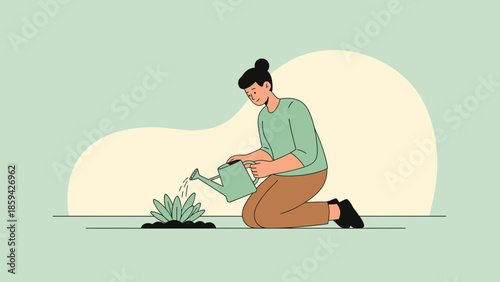 woman kneeling on ground watering plant in a minimalist garden scene with soft background colors