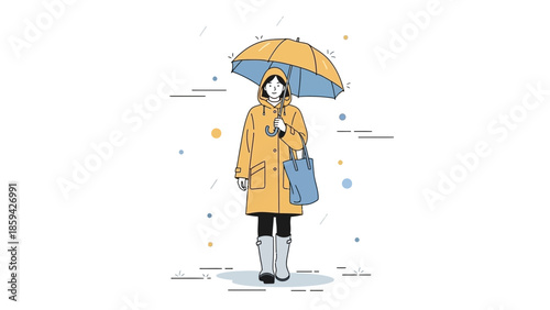 Stylish woman walking in rain holding umbrella with colorful abstract background