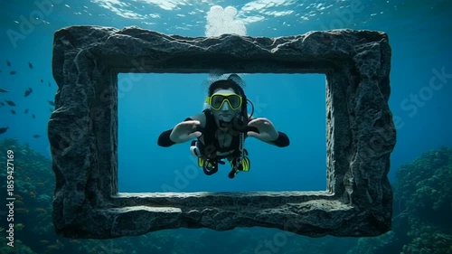 Underwater Diver Exploring Coral Reef Through Ocean Window Frame in Deep Sea Adventure