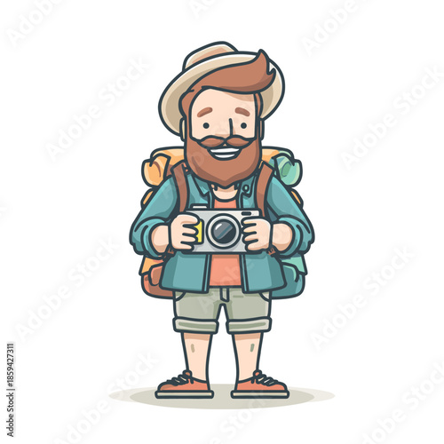 Cheerful bearded cartoon male traveler character with a large backpack and hat smiles while holding a camera, ready for a sightseeing adventure