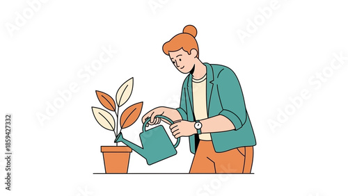 Young woman watering a potted plant in a minimalistic and colorful illustration for gardening or