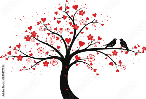 Love Blooms: A stylized tree flourishes with vibrant red hearts and blossoms, its branches cradling two silhouetted birds in a scene of serene affection and blossoming love.