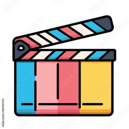 Stylized colorful movie clapperboard icon with a thick black outline, featuring an open clapper stick and vibrant pastel stripes for video production concepts