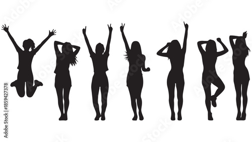 Set of black vector silhouettes of a girl posing, on a transparent background.