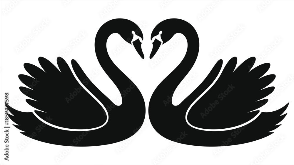 Obraz premium Valentine's Day swan couple forming heart shape, black silhouette vector illustration, romantic love symbol, perfect for wedding or romantic event design, elegant and simple
