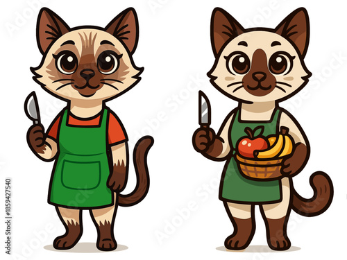 Cute cartoon cats wearing aprons, one holding a knife and the other carrying fruit basket, showing joy in cooking and shopping
