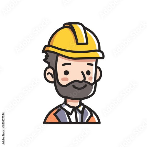 Cute cartoon construction worker avatar with a friendly smile and beard wears a yellow hard hat and safety vest in this simple, clean character illustration