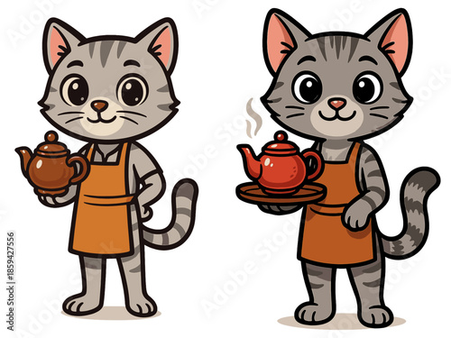 Cute cartoon cats serving tea in aprons at a cozy cafe setting