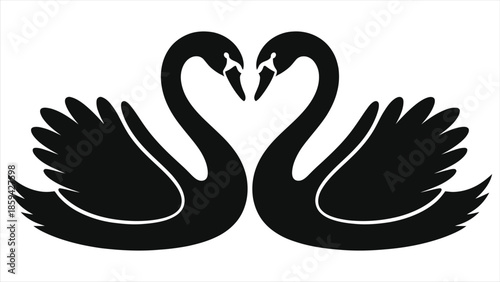 Valentine's Day swan couple forming heart shape, black silhouette vector illustration, romantic love symbol, perfect for wedding or romantic event design, elegant and simple