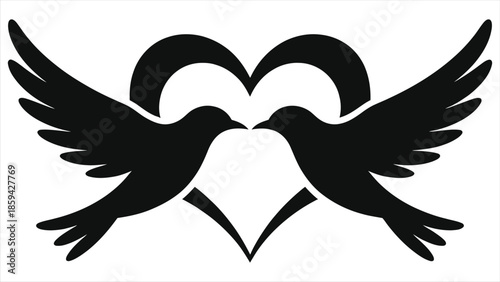 Valentine's Day Vector: Birds Forming Heart Shape - Romantic Love Symbol, Black Silhouette, Wings, Couple, Elegant, Heart Design, Graphic, Lovebirds, Minimalist, Illustration, Clipart