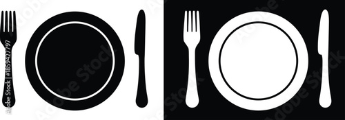 Fork, knife, and plate set icon vector, Restaurant menu icon, black and white vector illustration