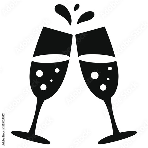 Champagne glasses toast vector icon. Romantic clinking flutes for Valentine's Day, wedding, or anniversary. Black celebration silhouette with splash, isolated on white background for party design.