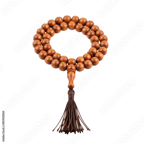 Wooden prayer beads mala or tasbih with tassel isolated on transparent background