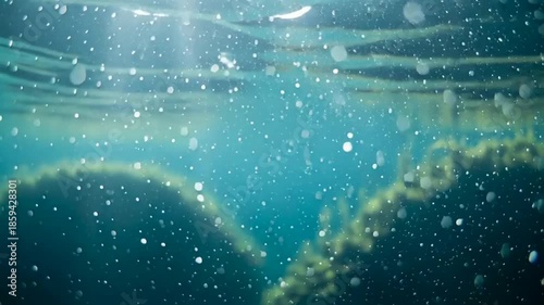 Underwater Scene Revealing the Ocean Floor with Bubbles and Sunlight Filtering Through Water