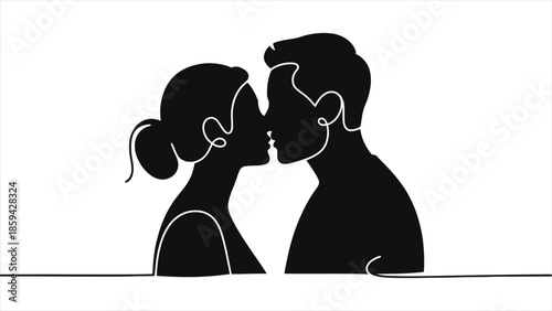 Continuous one line drawing of romantic couple kissing. Abstract lovers silhouette icon. Vector illustration for Valentine's Day or Wedding. Minimalist black and white art of man and woman side view.