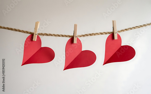 Red paper hearts hanging on a rope with clothespins