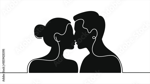 Romantic Minimalist Couple Kissing Silhouette Vector, Continuous Single Line Art Drawing for Valentine's Day Design, Wedding, Anniversary, Relationship and Intimacy Concept, Isolated on White Backdrop