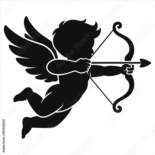 Valentine's Day Cupid Silhouette Vector - Flying Angel Aiming Bow and Arrow, Love Romance Icon, Black Cutout Illustration Isolated on White for Cards, Posters, Invitations, Decor and stickers cliparts