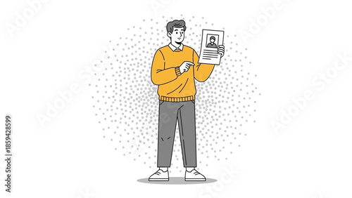 Young man holding a digital identification card and pointing at it abstract illustration