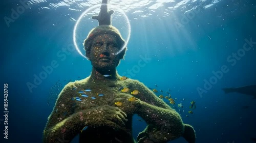 Underwater Sculpture of a Heroic Figure Surrounded by Marine Life with Filtered Sunlight