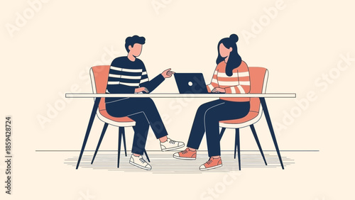 Contemporary Illustration of Two People Collaborating on a Laptop in a Friendly Workspace