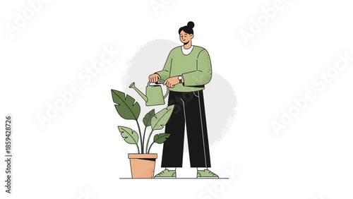 Young woman watering a healthy indoor potted plant in a modern illustration style emphasizing
