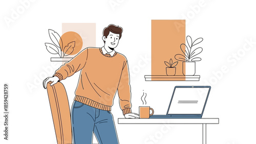 Young man working remotely at home with a laptop and a coffee mug in a modern cozy workspace