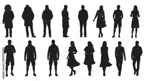  Set of black vector silhouettes of people walking and standing, isolated on a white background.