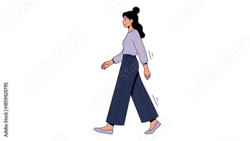 Stylish young woman walking confidently with a relaxed vibe in casual attire