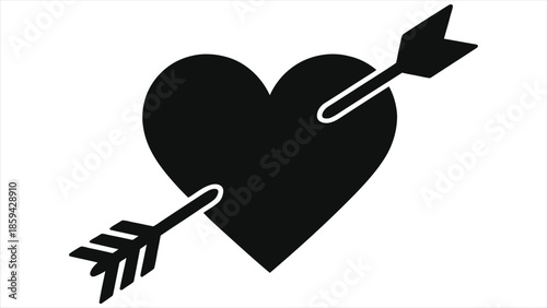 Black heart silhouette icon pierced by Cupid arrow vector illustration. Simple flat love symbol isolated on white background. Romantic Valentine's Day design element for wedding or dating app logo.