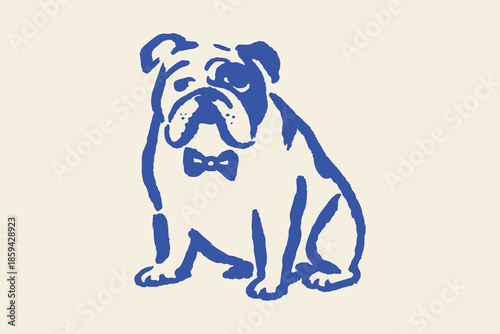 Bulldog with bow tie naive doodle bold outline vector illustration