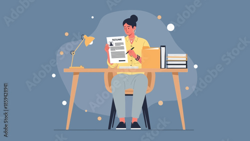 Young woman reviewing a professional resume at her desk in a modern workspace